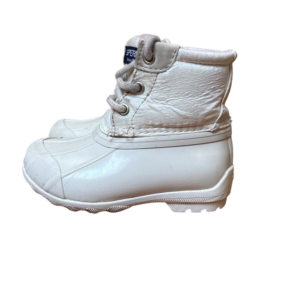 Sperry Saltwater Duck Boots Kids White Shimmer Waterproof‎ Rain Boots SIZE 7M